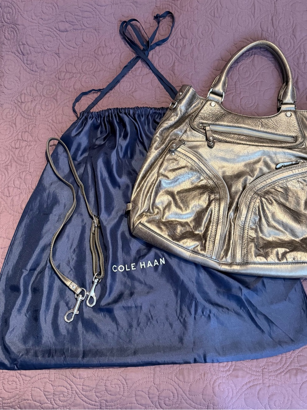 Cole Haan Large Metallic Pewter Bag with Strap, EUC